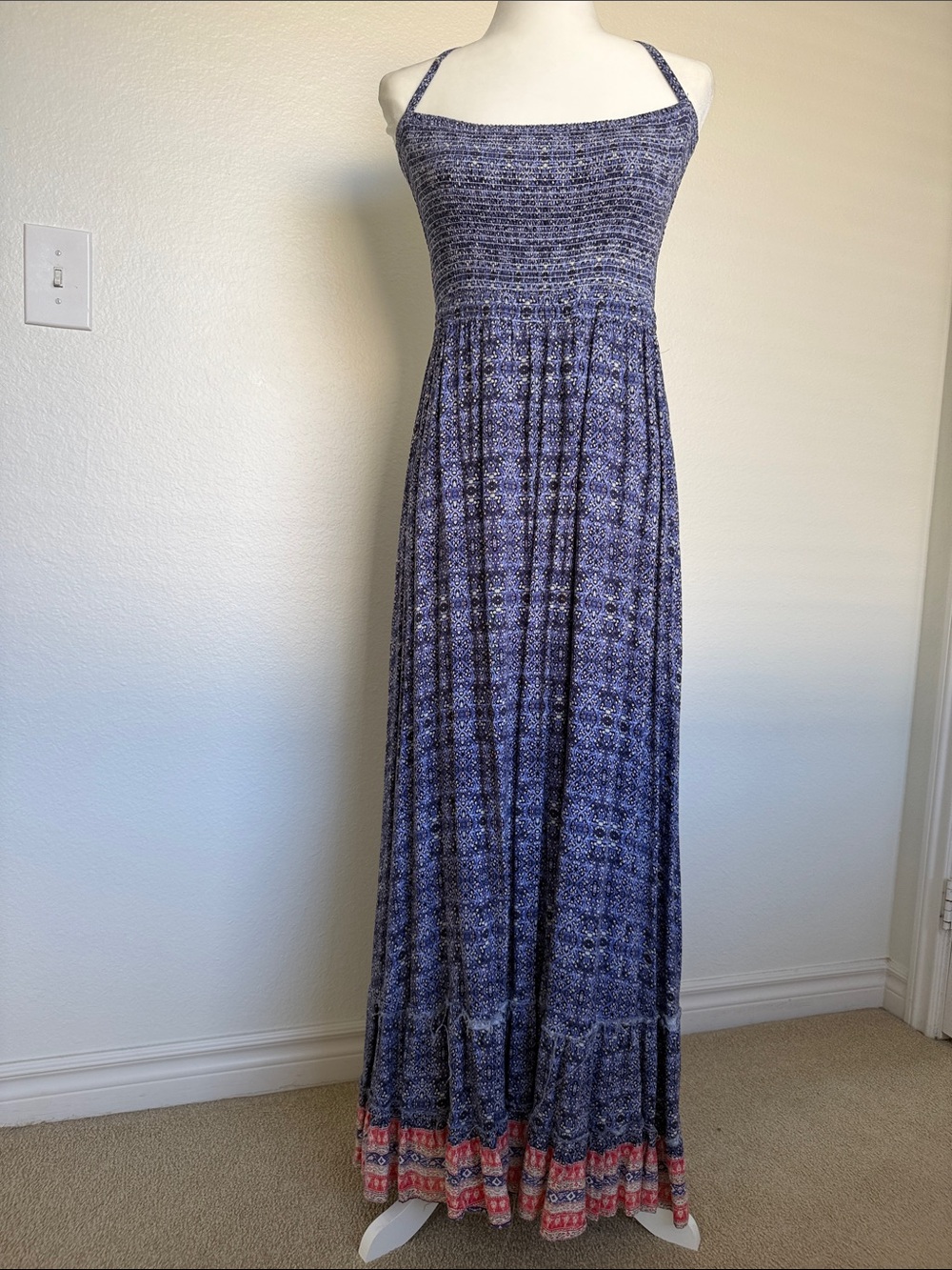 Olivaceous Blue Patterned Smocked Maxi Dress with Coral Hem